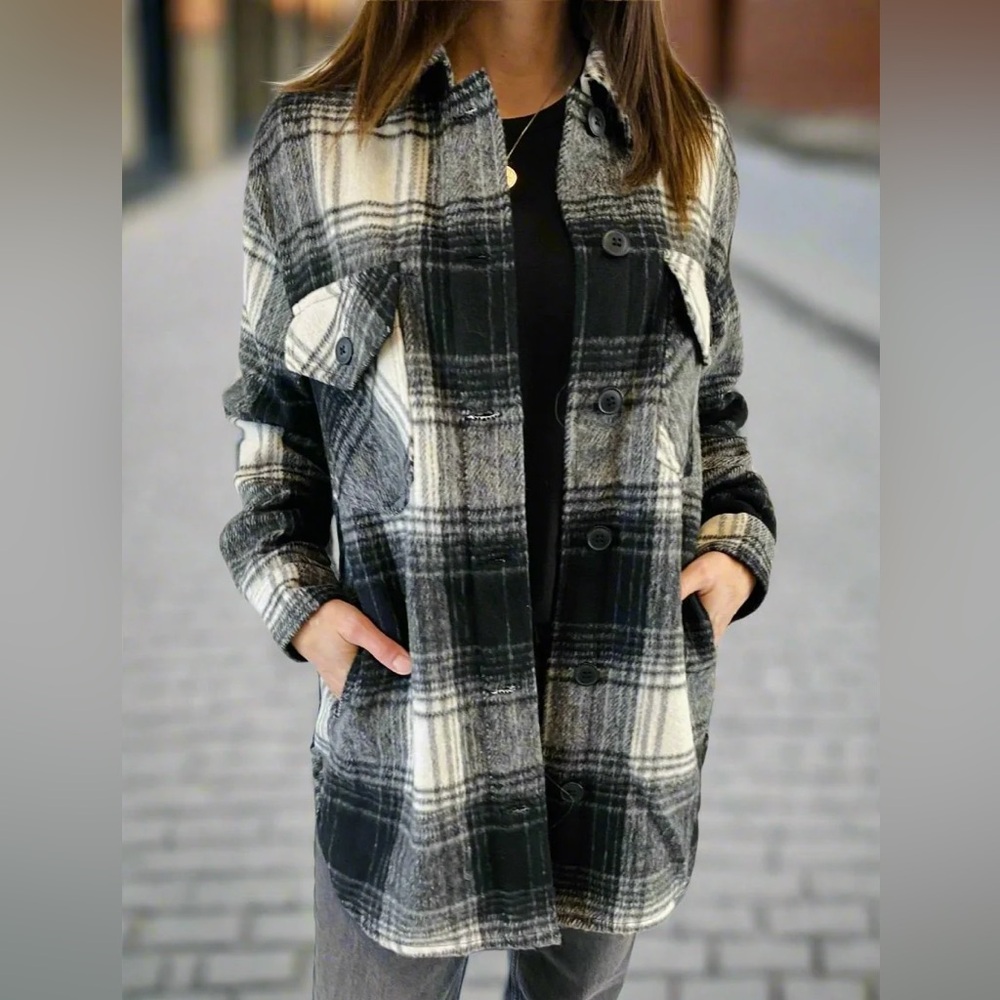 RD Style Conscious Womens Black White Plaid Shacket Shirt Jacket Medium